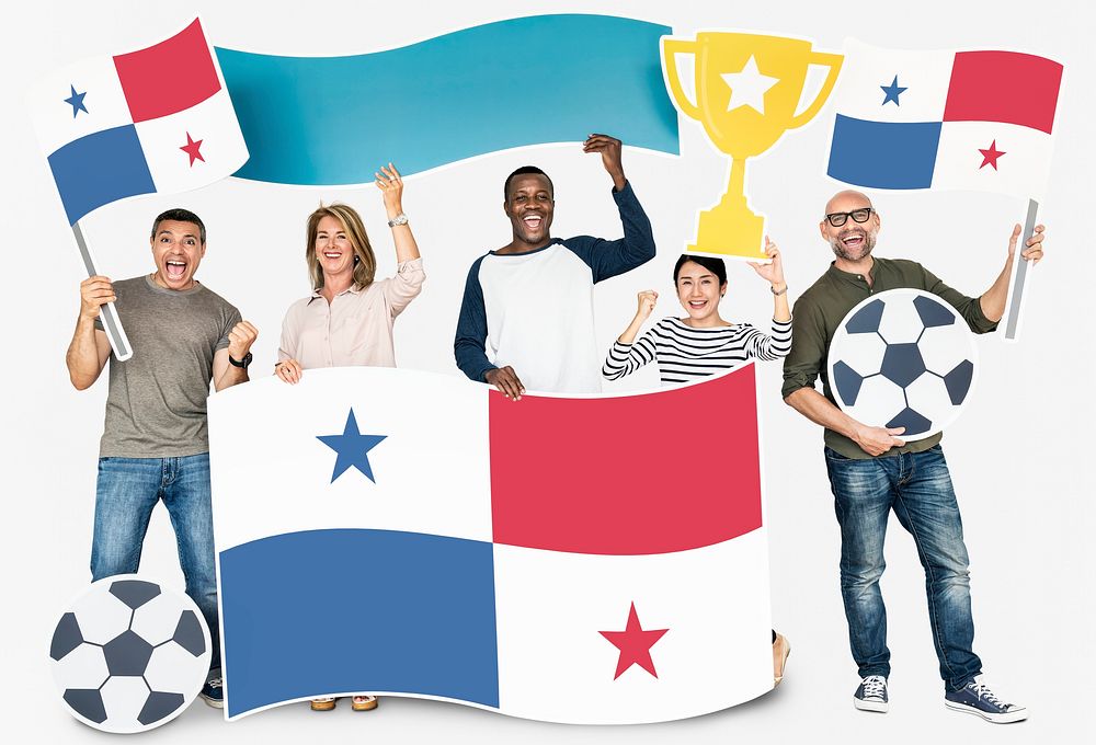 Diverse football fans holding the flag of Panama