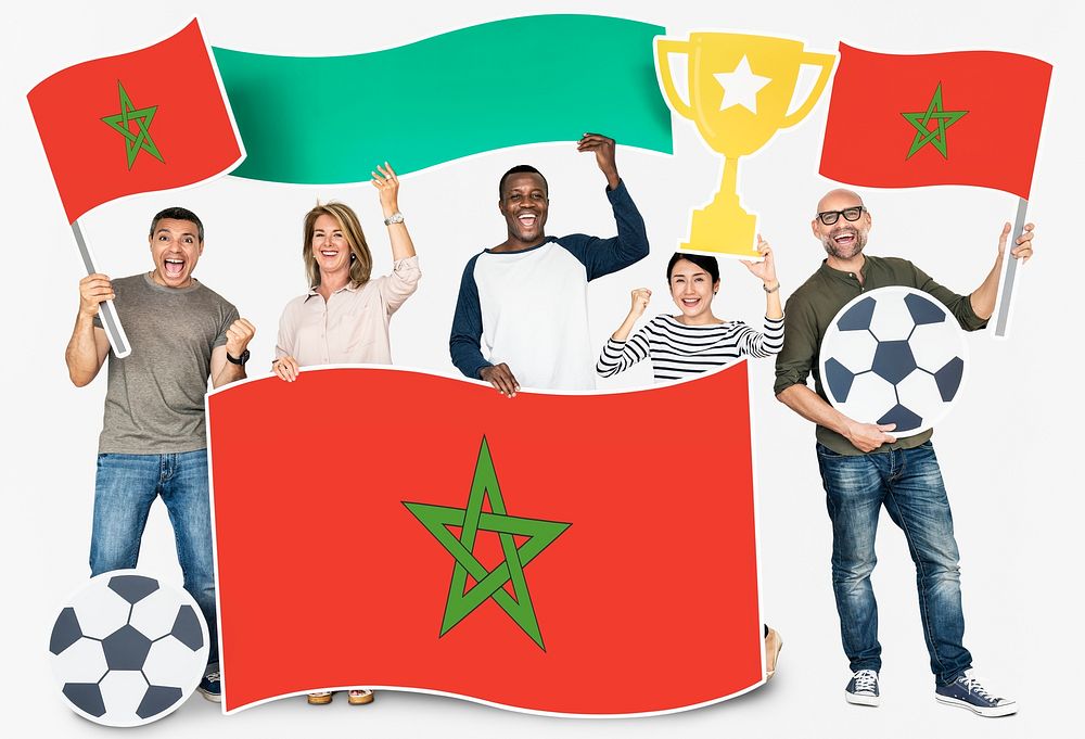 Diverse football fans holding the flag of Morocco