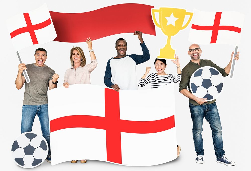 Diverse football fans holding the flag of England