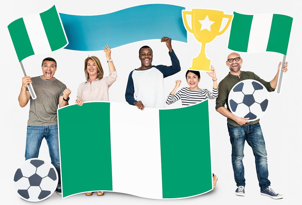 Diverse football fans holding the flag of Nigeria