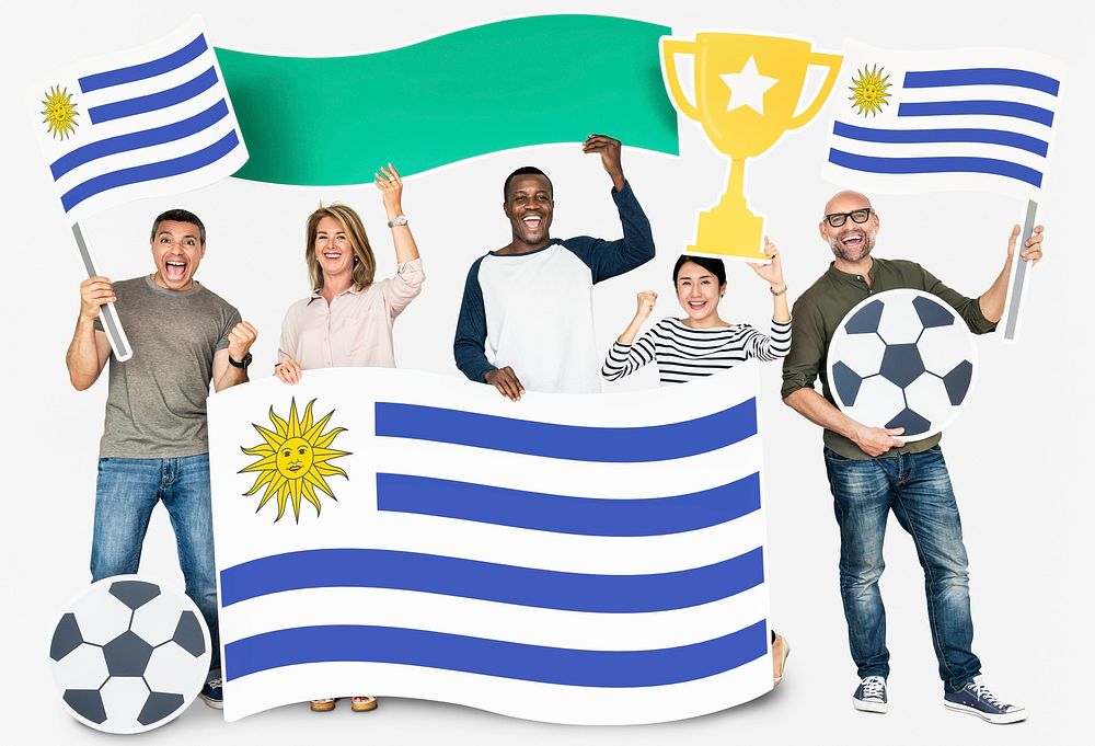 Diverse football fans holding the flag of Uruguay