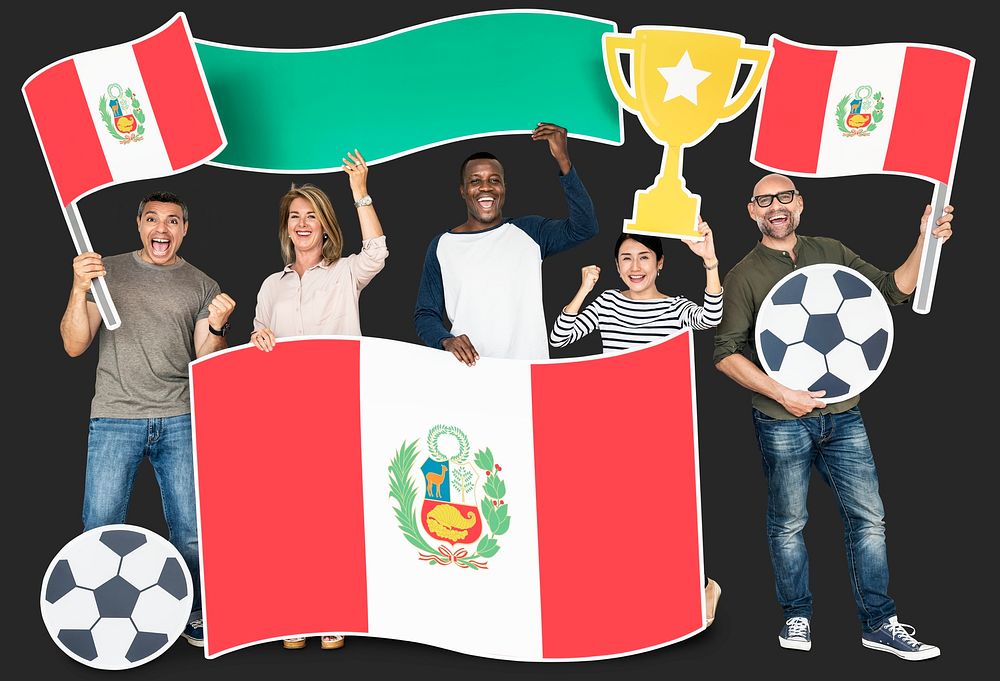 Diverse football fans holding the flag of Peru