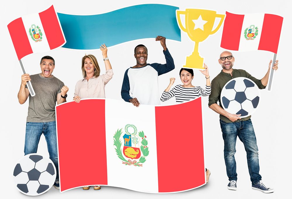 Diverse football fans holding the flag of Peru