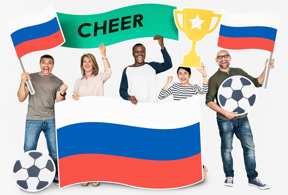 Diverse football fans holding the flag Russia