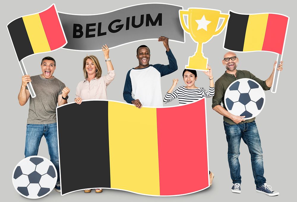 Diverse football fans holding the flag of Belgium