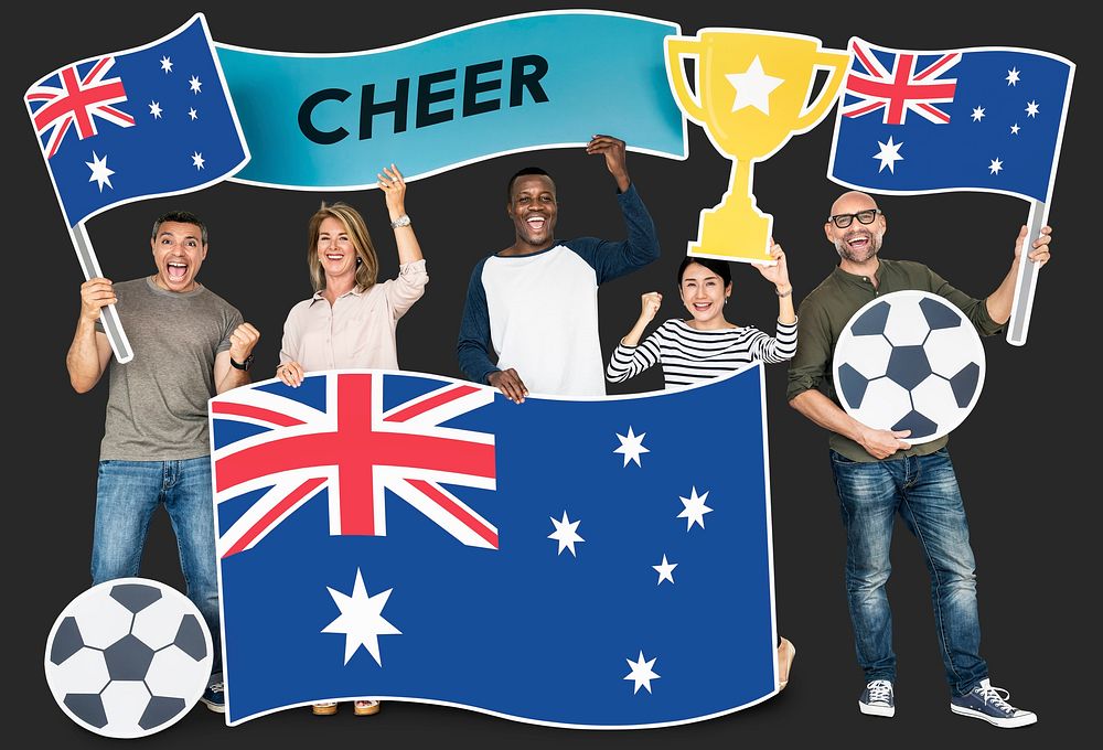 Diverse football fans holding the flag of Australia