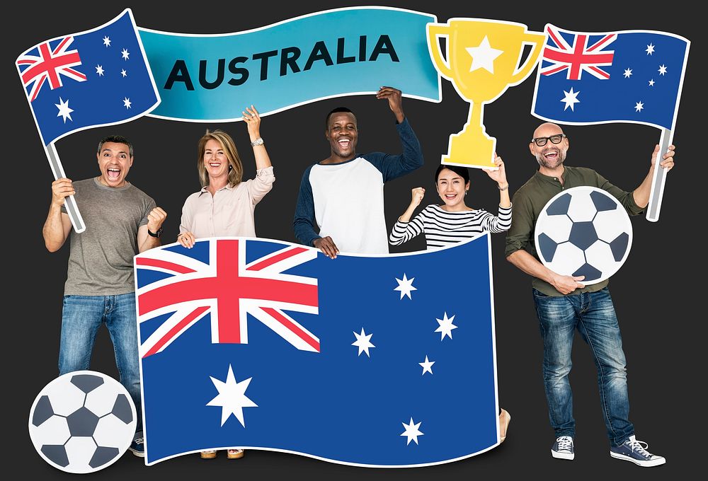 Diverse football fans holding the flag of Australia