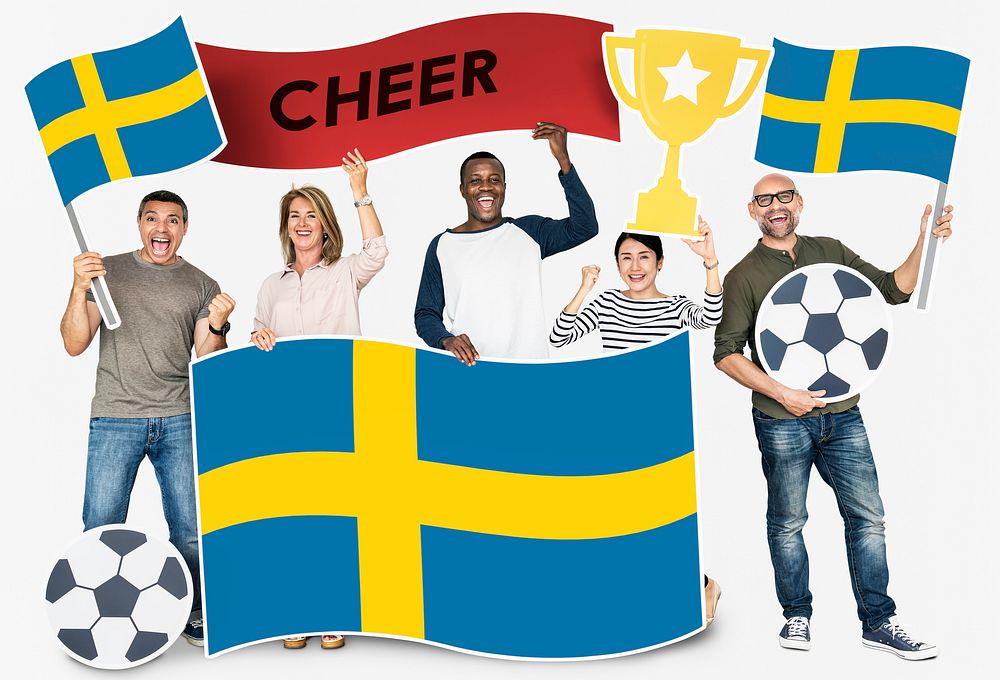 Diverse football fans holding the flag of Sweden