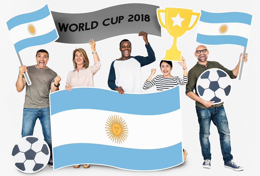 Diverse football fans holding the flag of Argentina