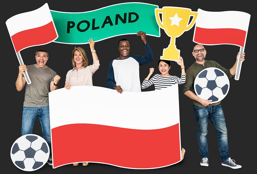 Diverse football fans holding the flag of Poland