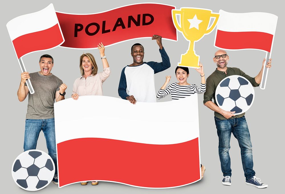 Diverse football fans holding the flag of Poland
