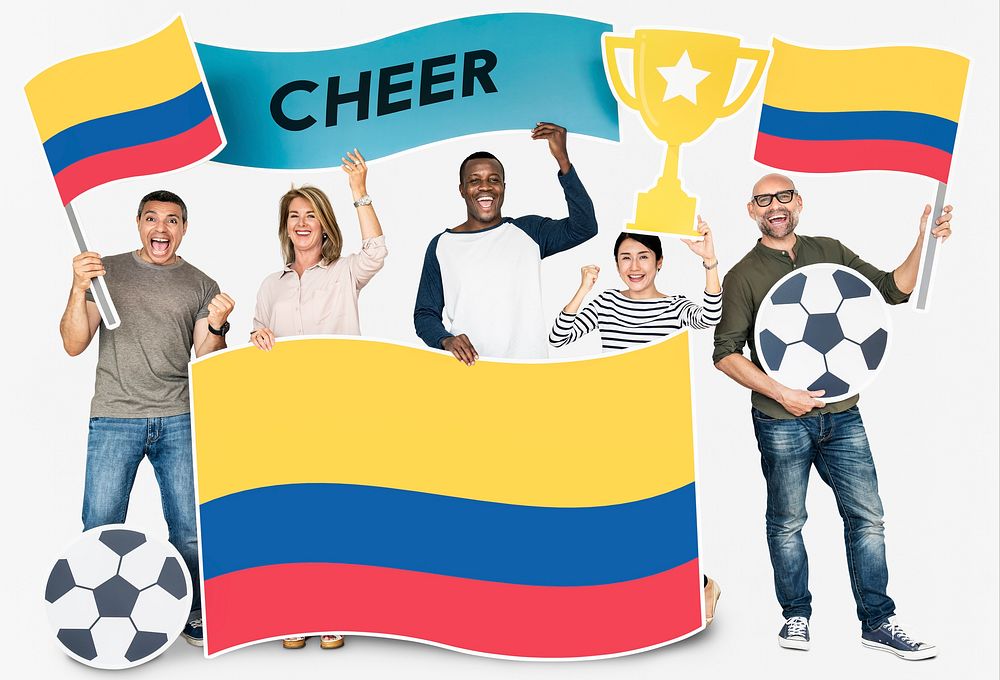 Diverse football fans holding the flag of Colombia