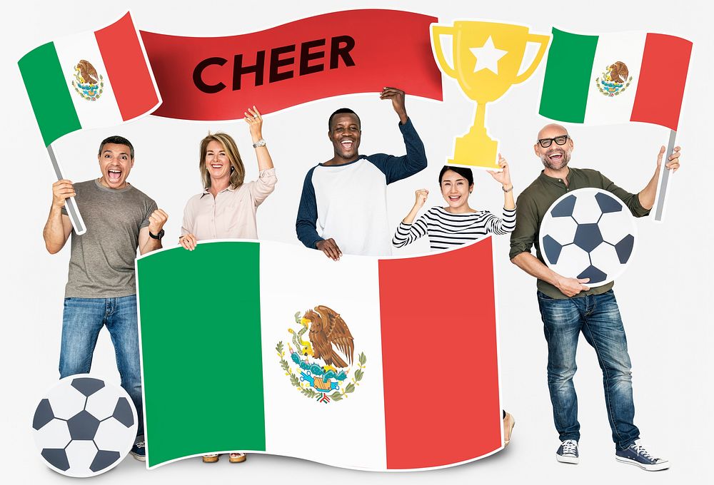 Diverse football fans holding the flag of Mexico