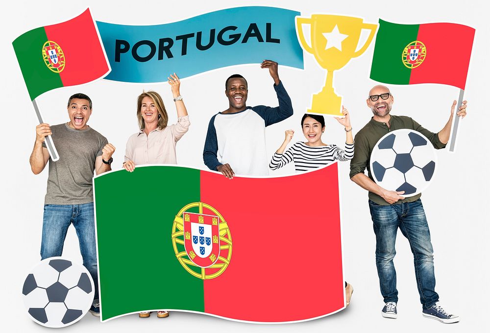 Diverse football fans holding the flag of Portugal