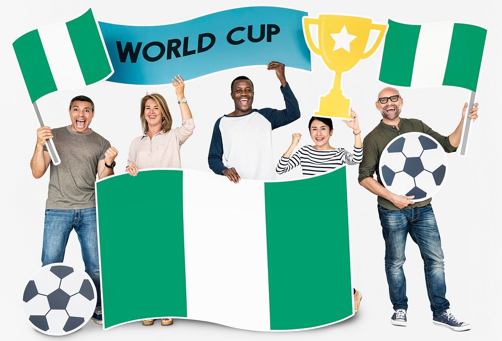 Diverse football fans holding the flag of Nigeria