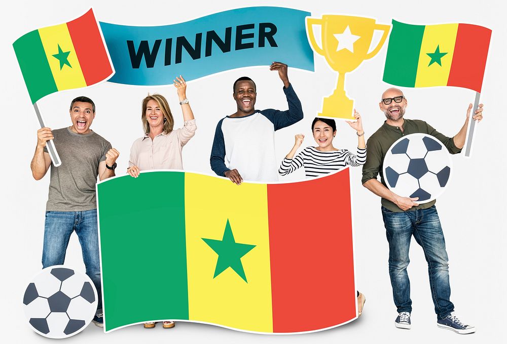Diverse football fans holding the flag of Senegal