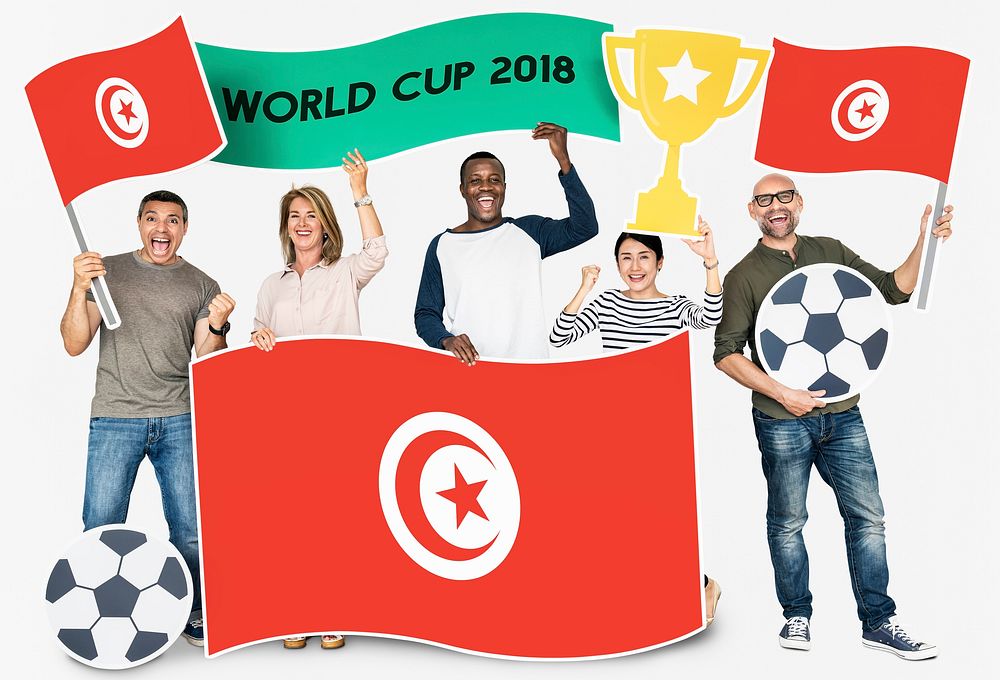 Diverse football fans holding the flag of Tunisia