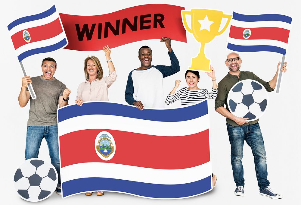 Diverse football fans holding the flag of Costa Rica