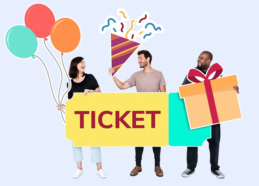 Cheerful people holding a gift box and ticket