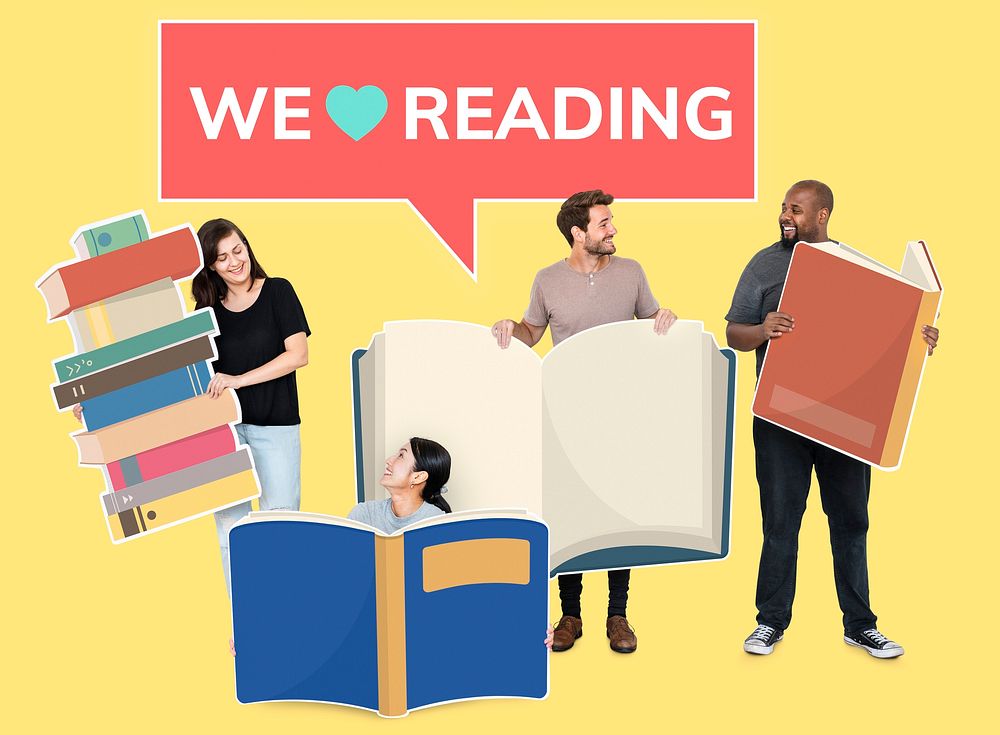 Diverse people holding book icons