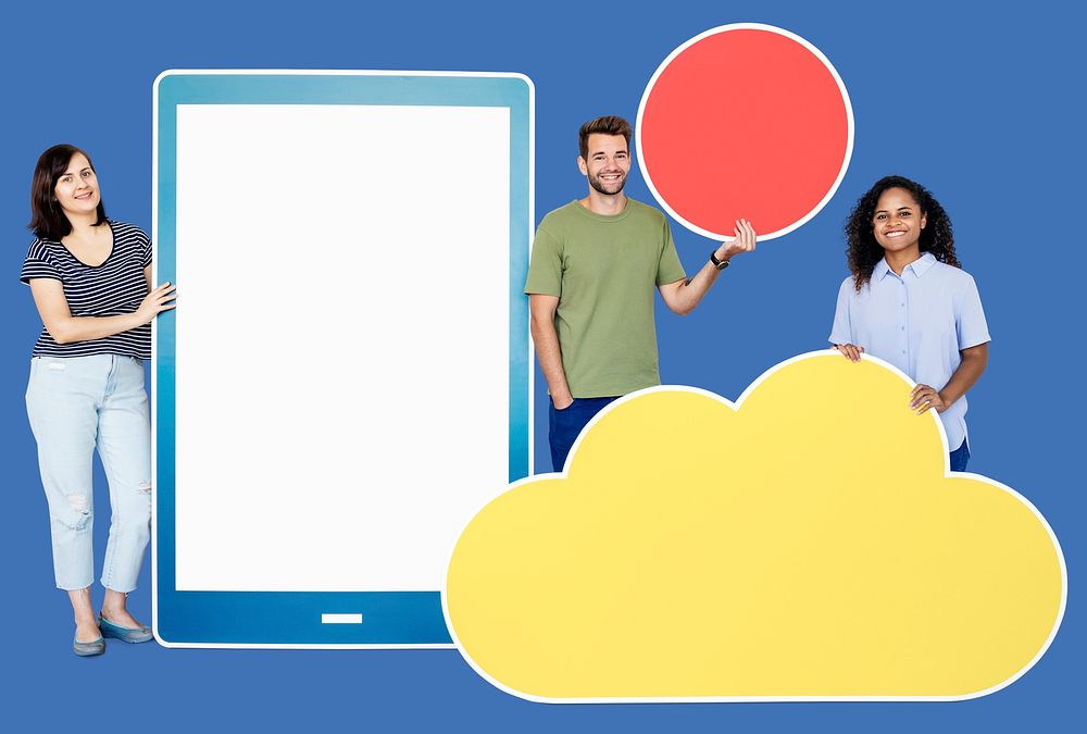 People holding different icons in wireless and cloud technology theme