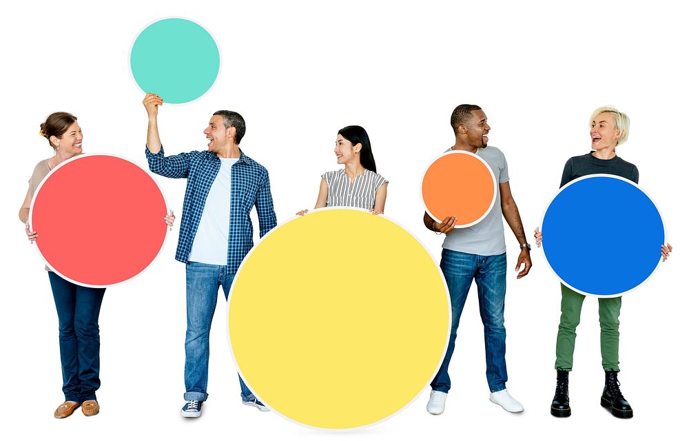 Diverse people holding blank colorful circle boards