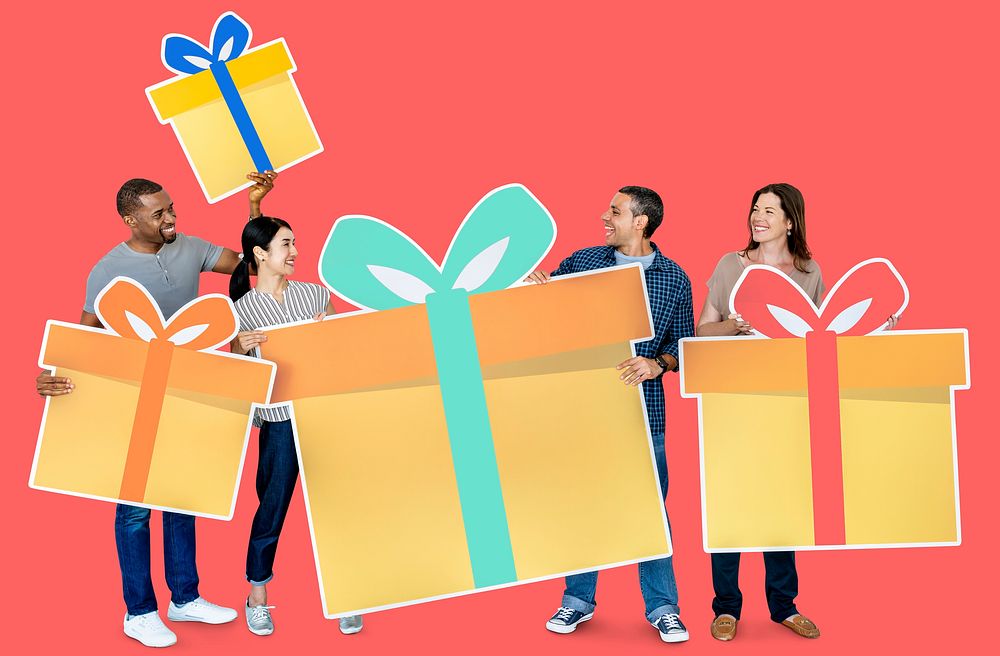 Diverse people holding gift box icons