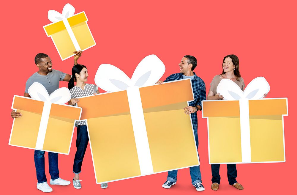 Diverse people holding gift box icons