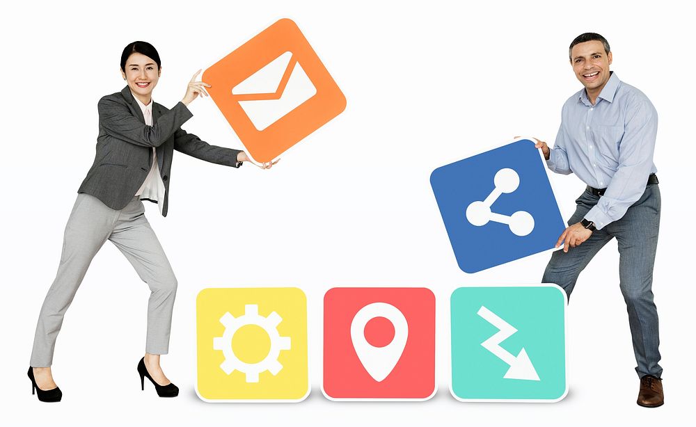 Business partners holding online icons