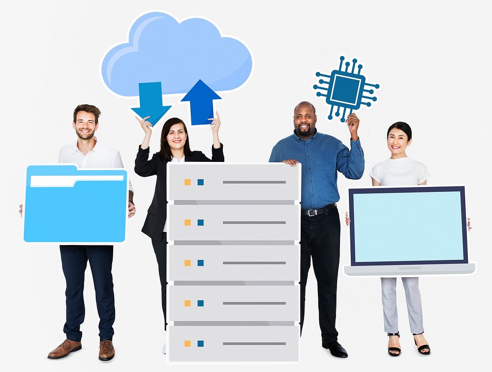 Happy diverse business people holding office technology icons