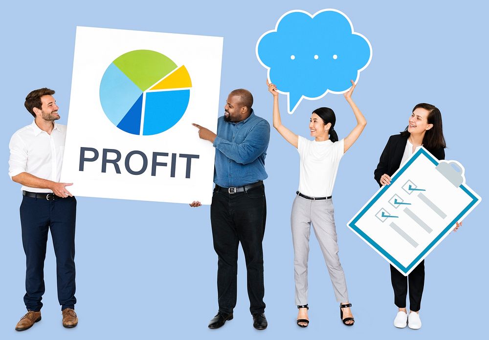 Business people holding a profit pie chart and a checklist