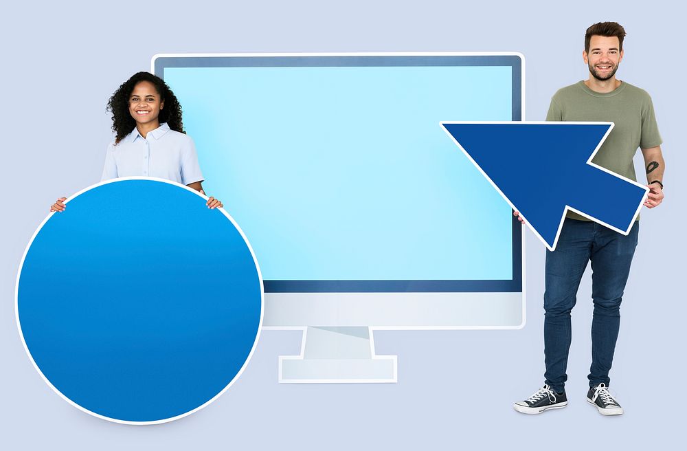 People holding icons in front of a computer monitor paper cutout