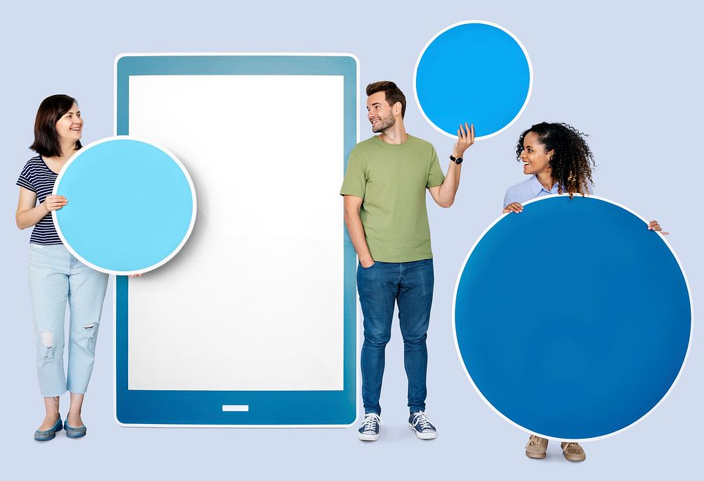 People holding geometric icons in front of a  paper cutout of a tablet