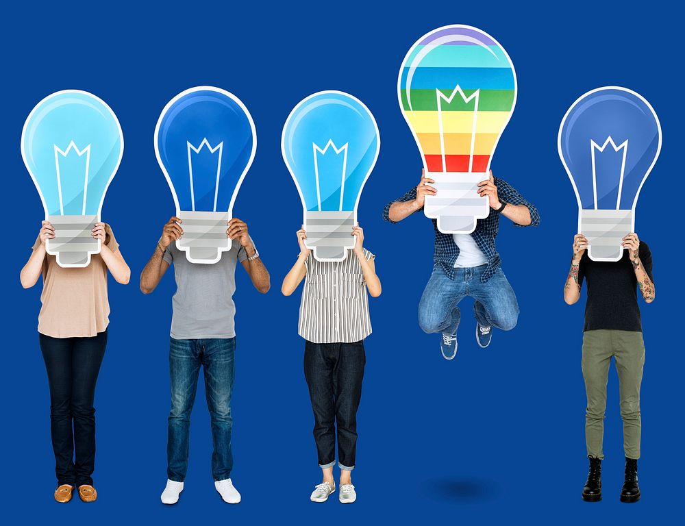Group of people holding light bulb icons