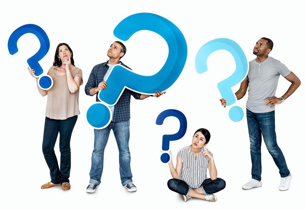 Diverse people holding question mark icons