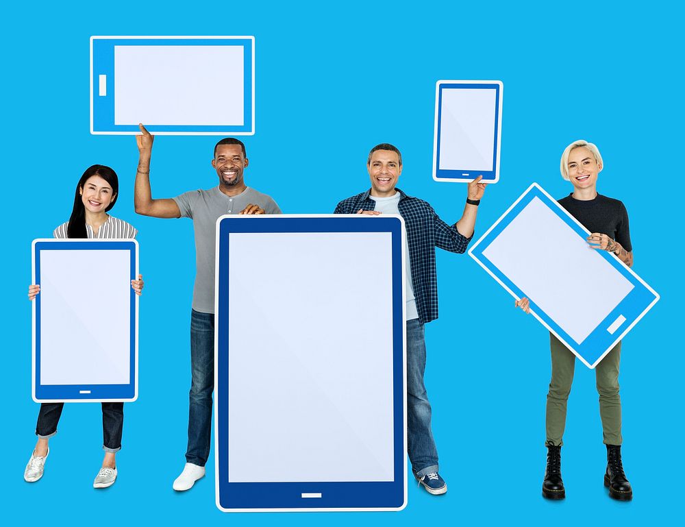 People holding digital tablet icons