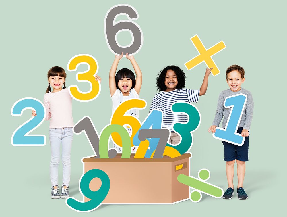 School kids learning mathematics with numbers