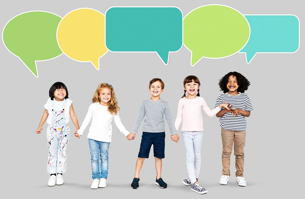 Happy diverse kids with speech bubbles