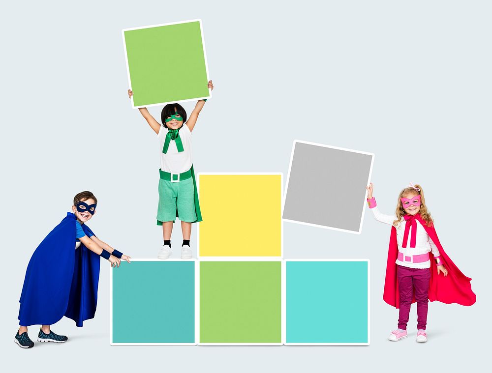 Young superheroes stacking square boards