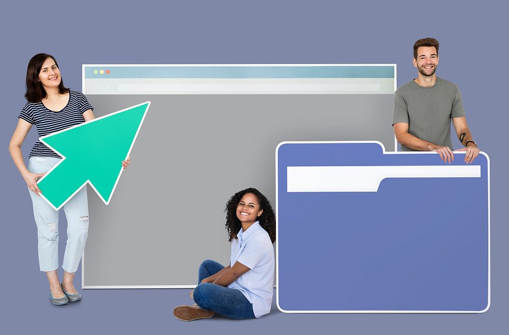 People holding a webpage, a cursor and a folder icons