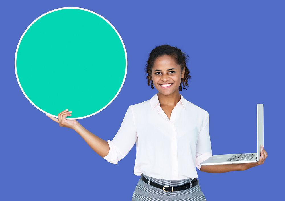 Young businesswoman holding a blank circle