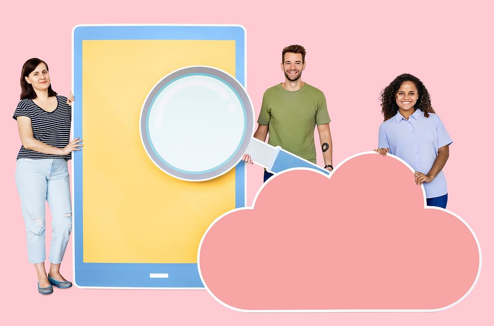 People with paper cutouts of magnifying glass, tablet, and cloud symbol
