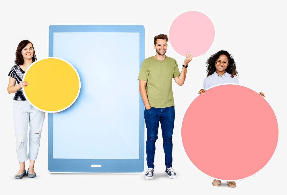 People holding geometric icons in front of a  paper cutout of a tablet