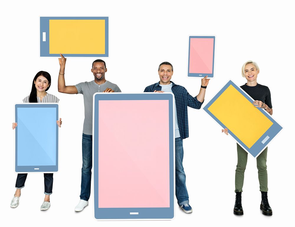 Diverse people holding digital tablets