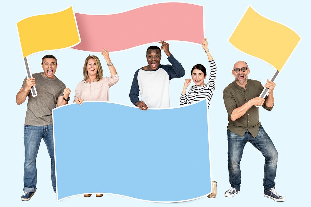 Happy people holding blank flags