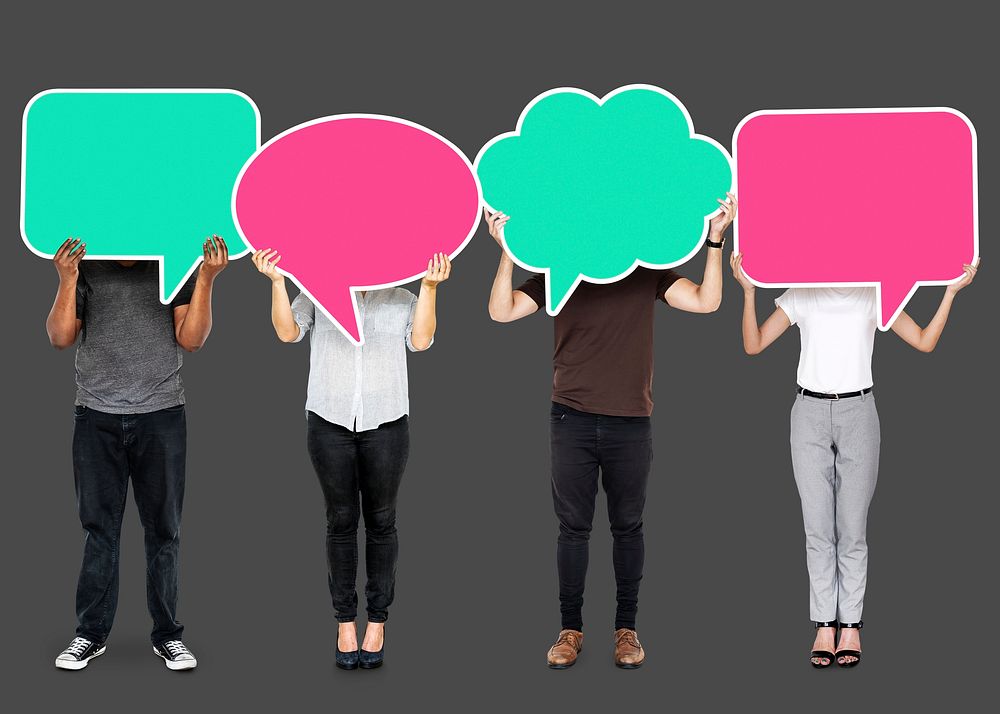People holding colorful speech bubbles