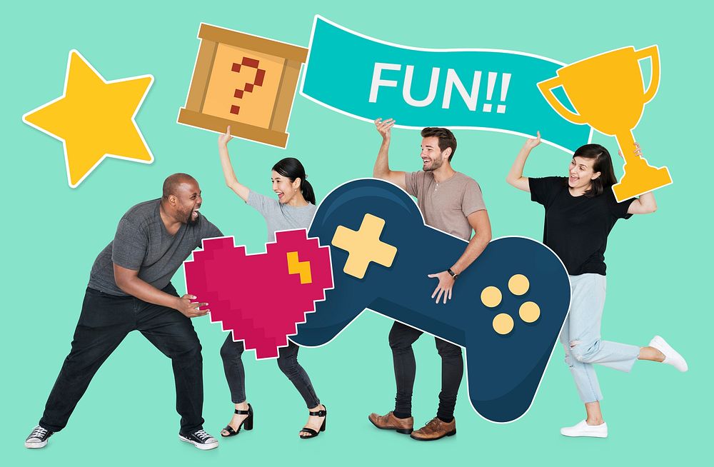 Playful diverse people having fun with gaming icons
