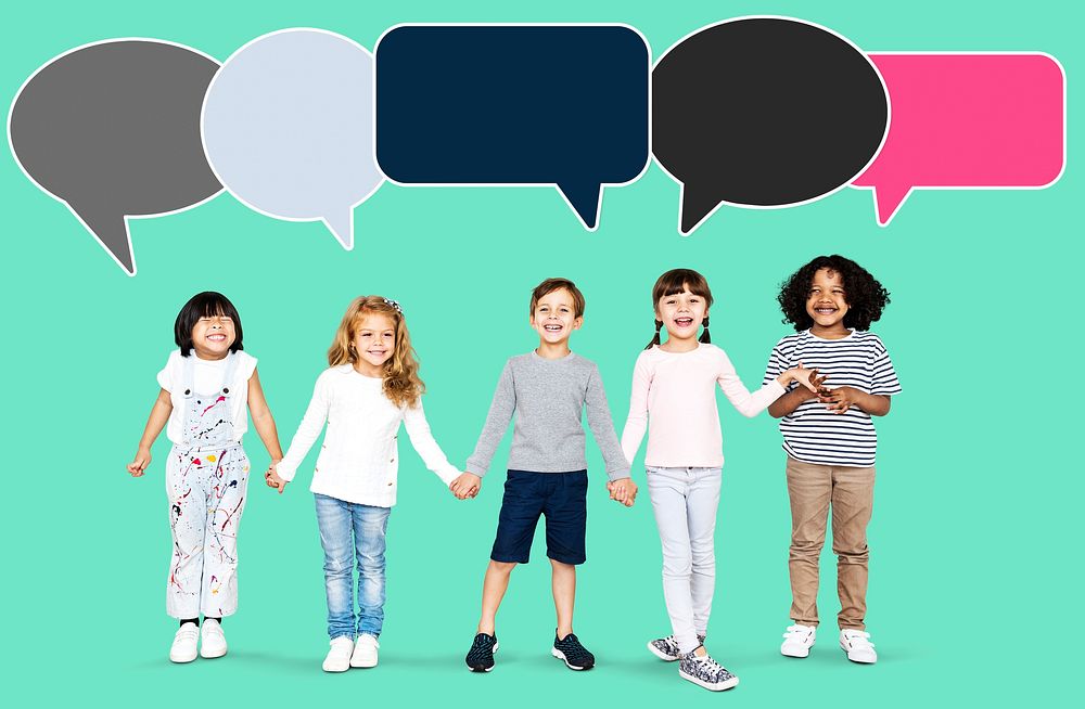 Happy diverse kids with speech bubbles