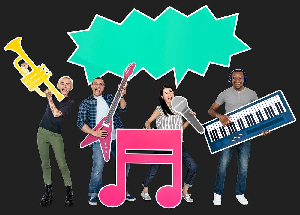 Happy people holding musical instrument icons