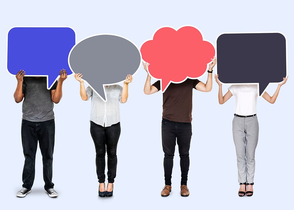 People holding colorful speech bubbles